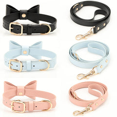 Hand‑crafted Genuine Leather Bow Dog Collar & Matching Leash, Luxury Pet Accessory