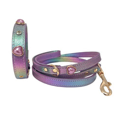Iridescent Shiny PU Leather Dog Collar With Heart‑Shaped Charm, Luxury Bling Pet Collar And Leash Set
