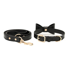 Hand‑crafted Genuine Leather Bow Dog Collar & Matching Leash, Luxury Pet Accessory