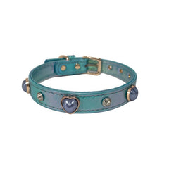 Iridescent Shiny PU Leather Dog Collar With Heart‑Shaped Charm, Luxury Bling Pet Collar And Leash Set