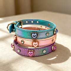Iridescent Shiny PU Leather Dog Collar With Heart‑Shaped Charm, Luxury Bling Pet Collar And Leash Set