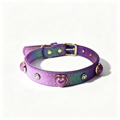 Iridescent Shiny PU Leather Dog Collar With Heart‑Shaped Charm, Luxury Bling Pet Collar And Leash Set