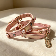 Iridescent Shiny PU Leather Dog Collar With Heart‑Shaped Charm, Luxury Bling Pet Collar And Leash Set