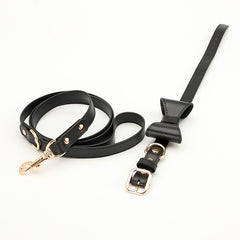 Hand‑crafted Genuine Leather Bow Dog Collar & Matching Leash, Luxury Pet Accessory