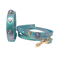Iridescent Shiny PU Leather Dog Collar With Heart‑Shaped Charm, Luxury Bling Pet Collar And Leash Set